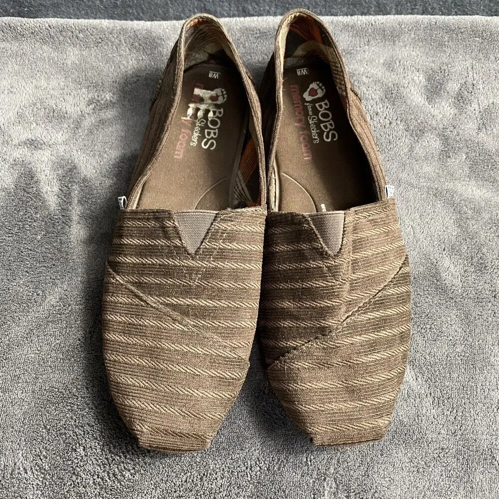 Skechers BOBS Womens Size 8 Brown Canvas Slip On Flats Memory Foam Comfort Shoes